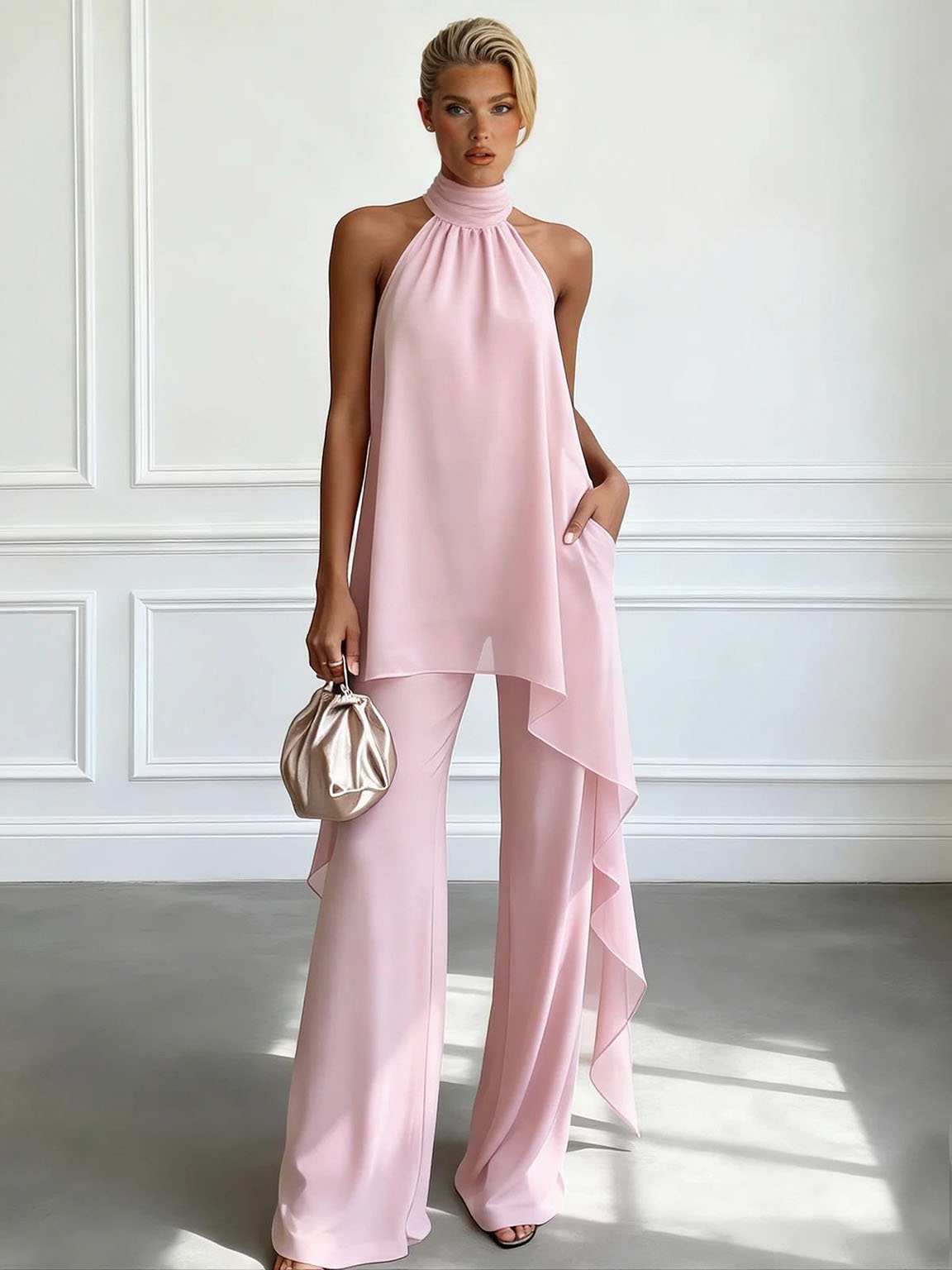 Elegant Halter Neck Asymmetric Chiffon Top & Wide-Leg Pants Set Pink