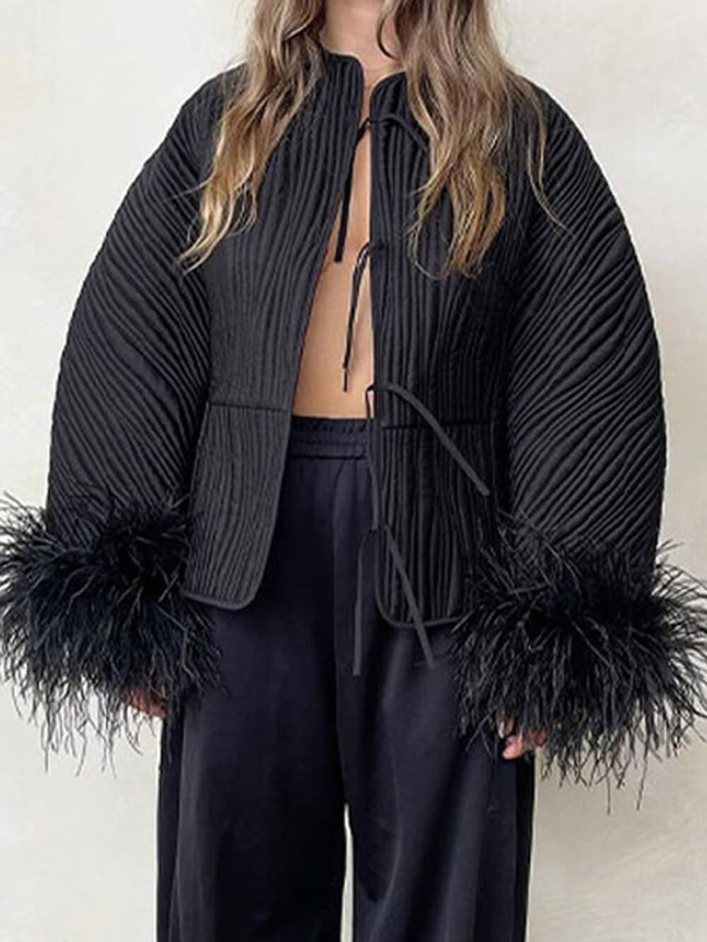 Chic Street-Style Tie-Up Feather Paneled Coats Black