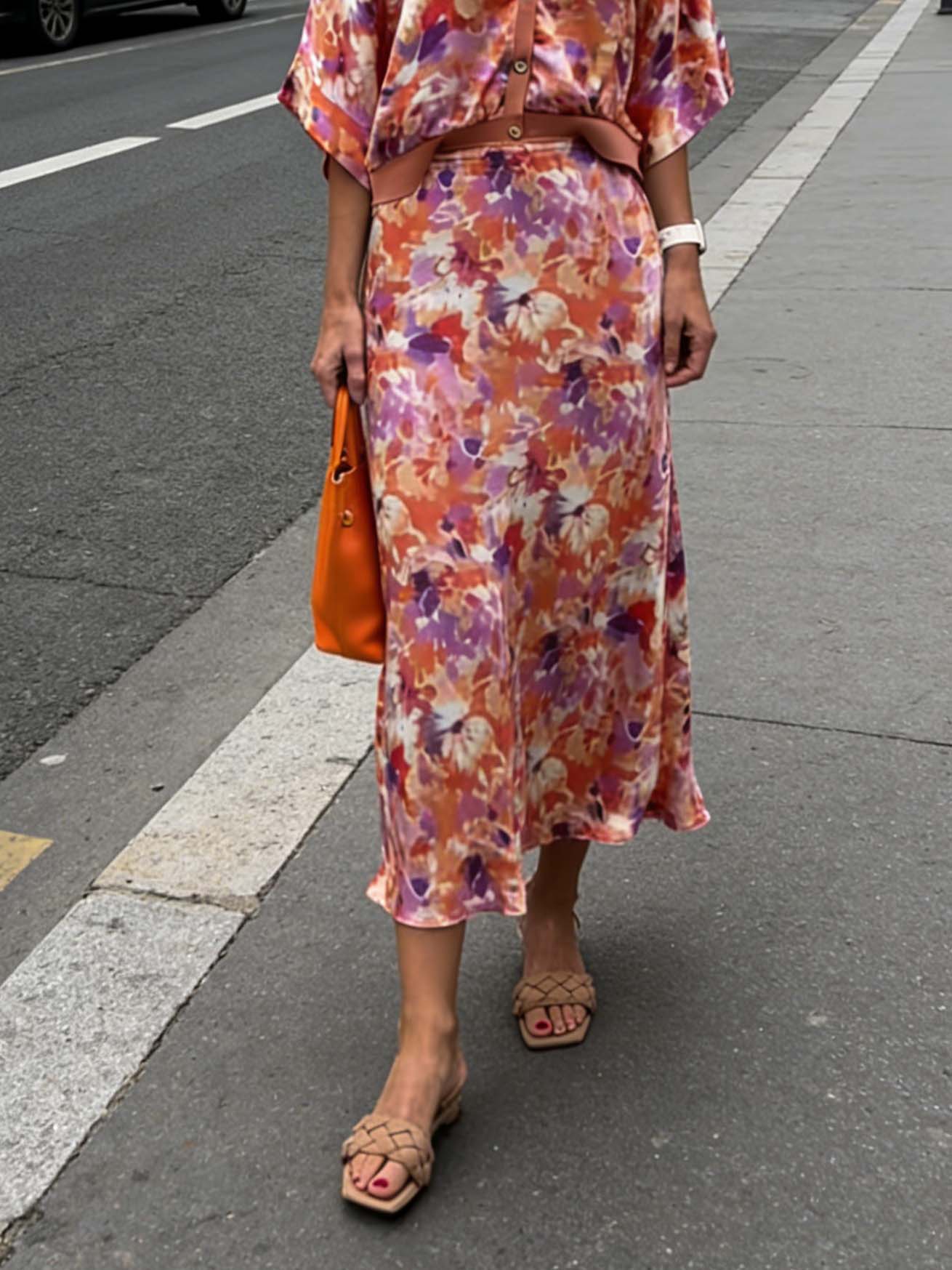 Exquisite Floral Print Satin Batwing Sleeve Shirt Orange Skirt