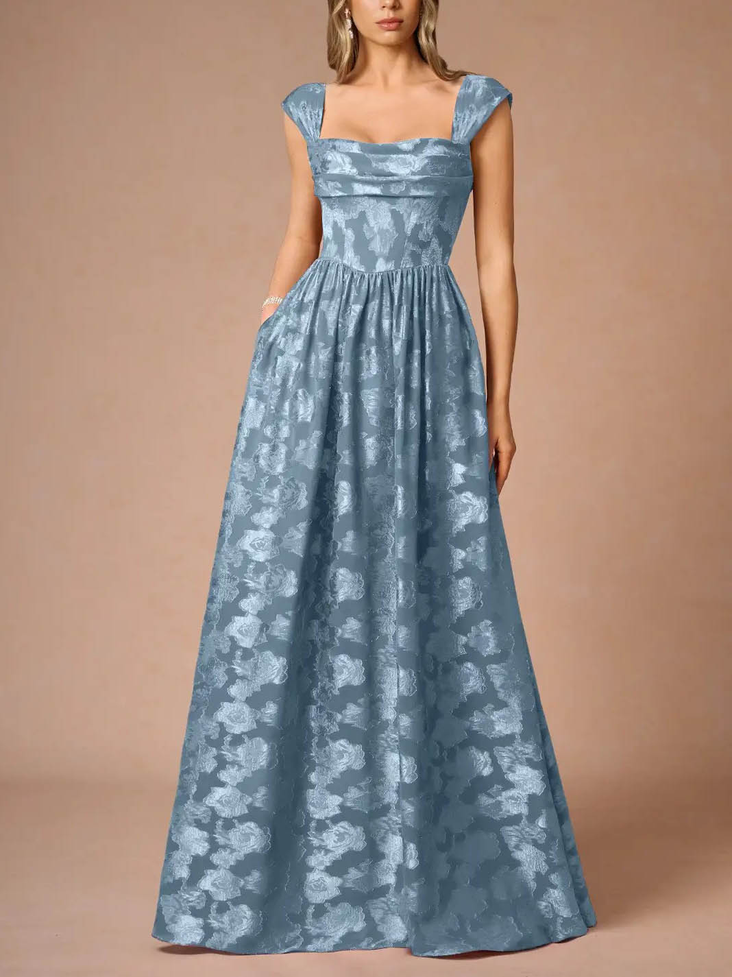 Elegant Drape Neck Floral A-Line Maxi Dress Blue