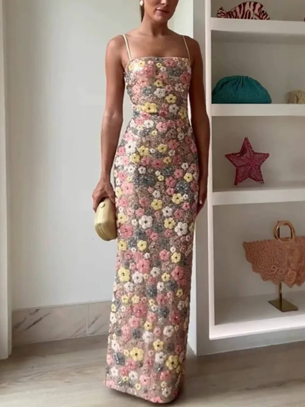Retro Inspired Floral Print Sequin Square Neck Slip Stretch Maxi Dress Pink