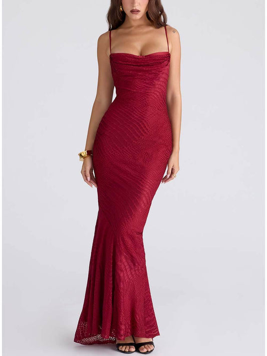 Elegant Low-Neck Burnout Satin Party Maxi Dress