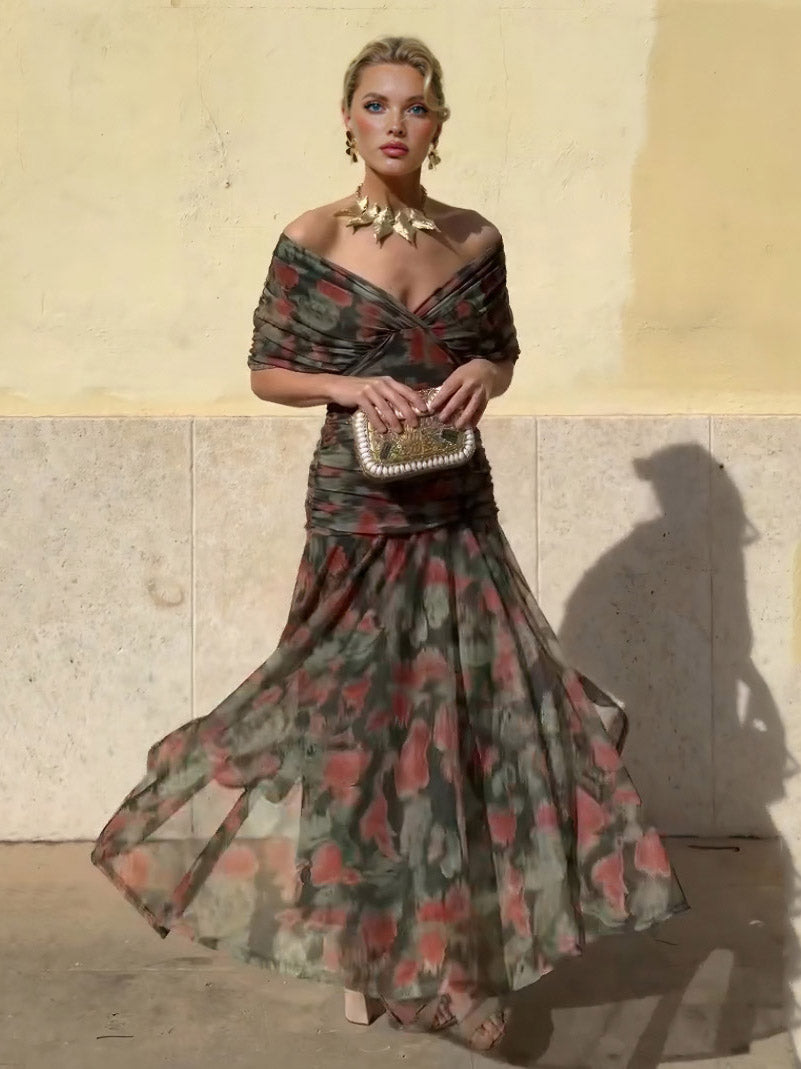 Elegant Mesh Watercolor Print Pleated Maxi Dress Dark Green