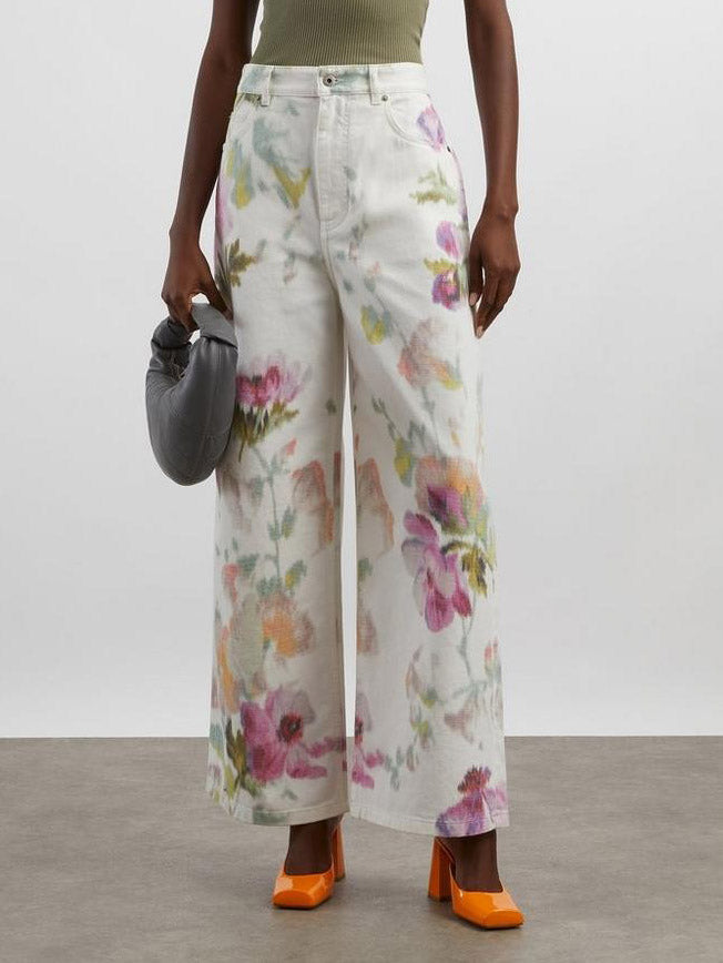 Elegant Neutral Floral Print Button-Down Pants Multi