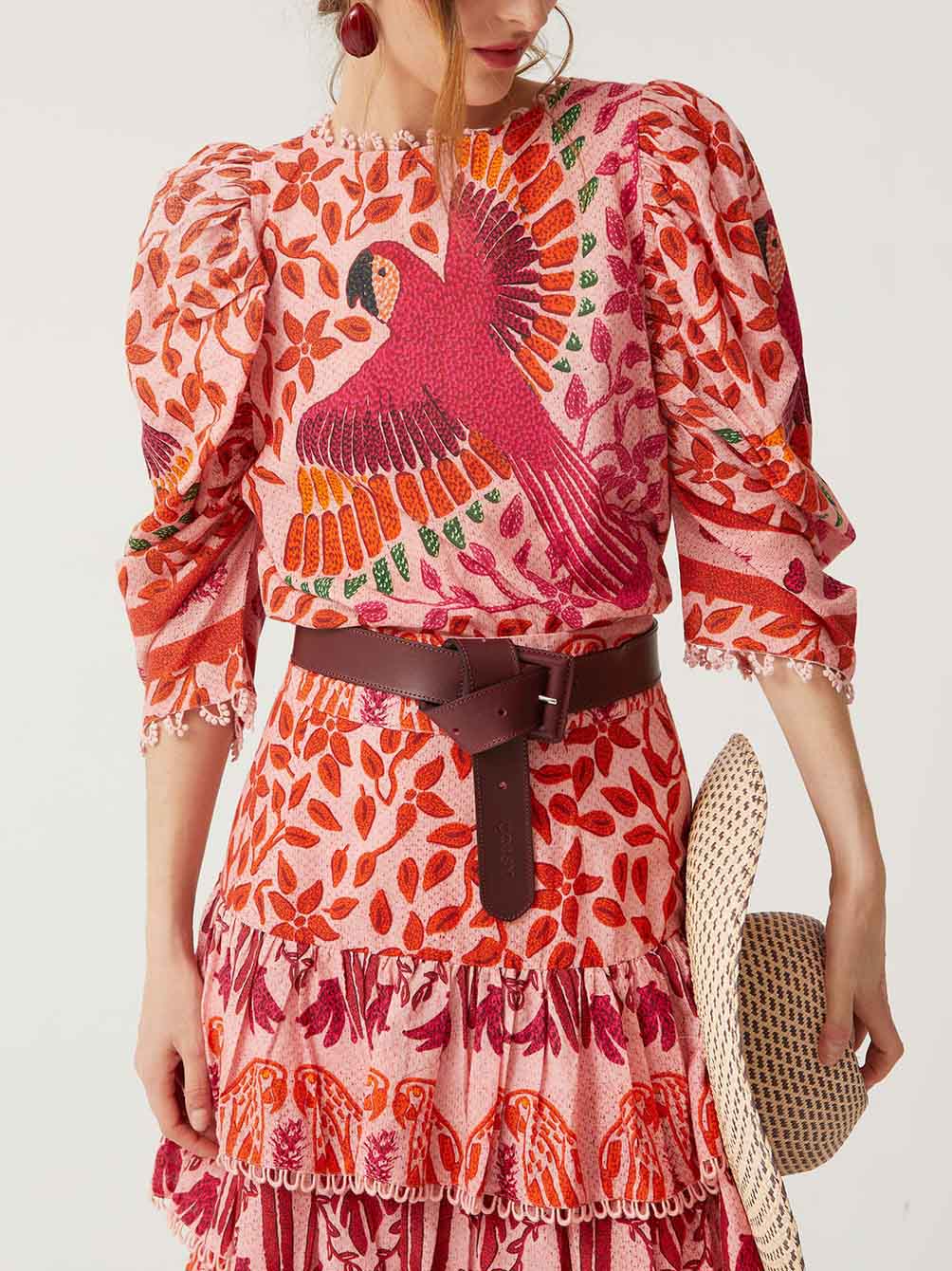 Vibrant Bird Floral Print Puff Sleeve Shirt Red