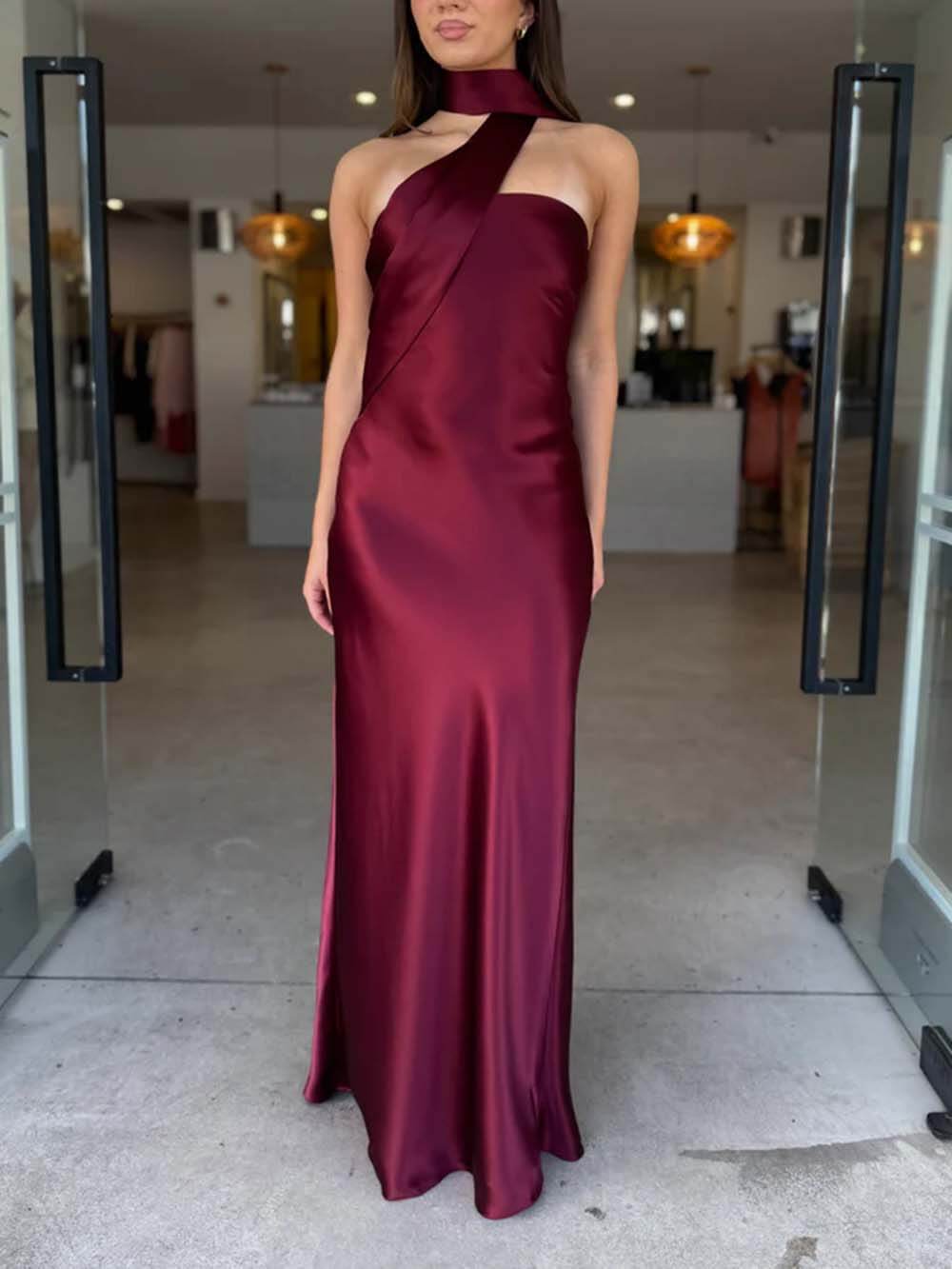 Elegant Satin Tie-Detail Party Maxi Dress Purple