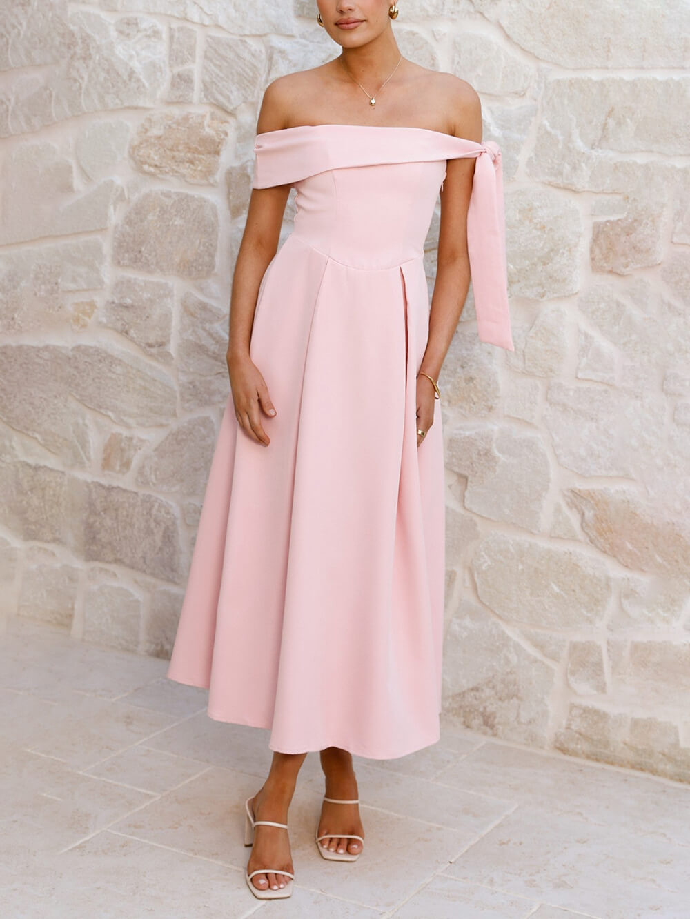 Elegant Off-Shoulder Tie Ruched Midi Dress Pink