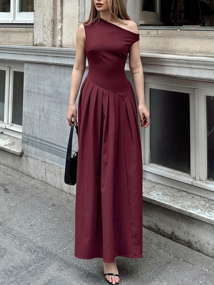 Elegant Off-shoulder Neckline Pleated Maxi Dress Dark Red