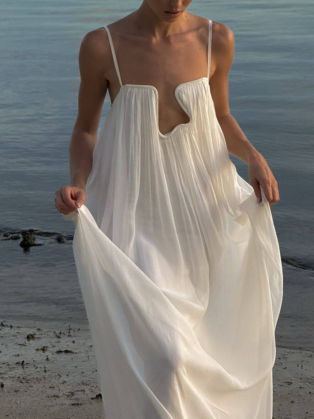 Fashion Flowy Chiffon Plunging Chest Cutout Slip Loose Maxi Dress White
