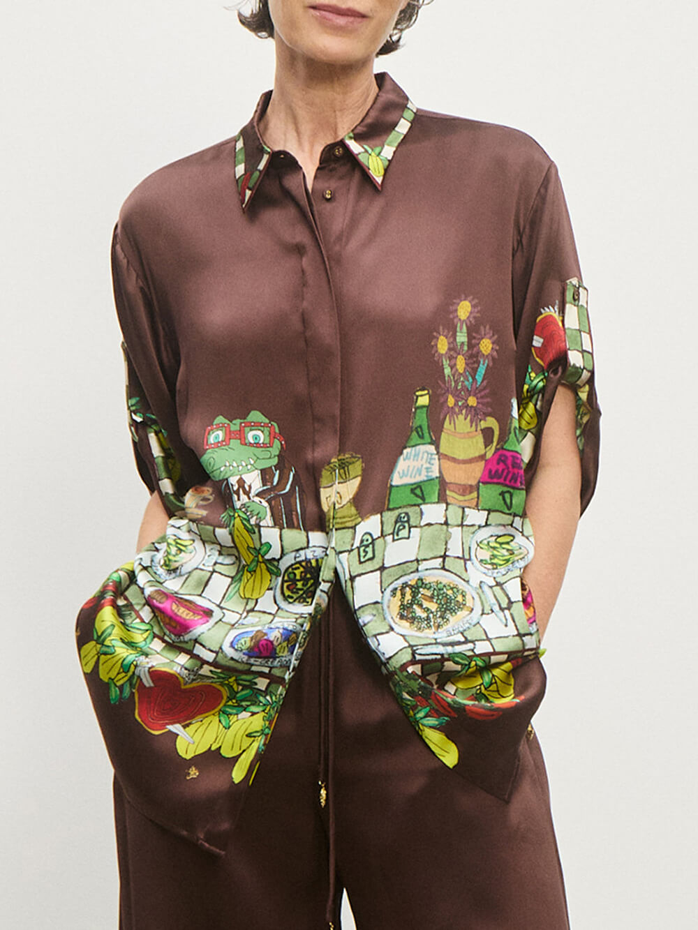 Unique Floral Print Button-Up Loose Shirt Brown