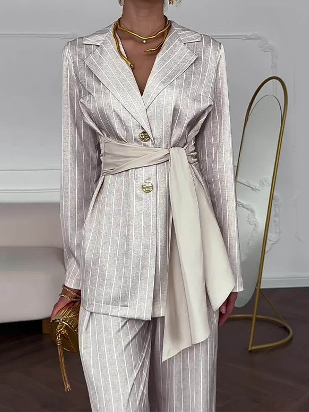 Elegant Lapel Striped Print Tie-Waist Blazer
