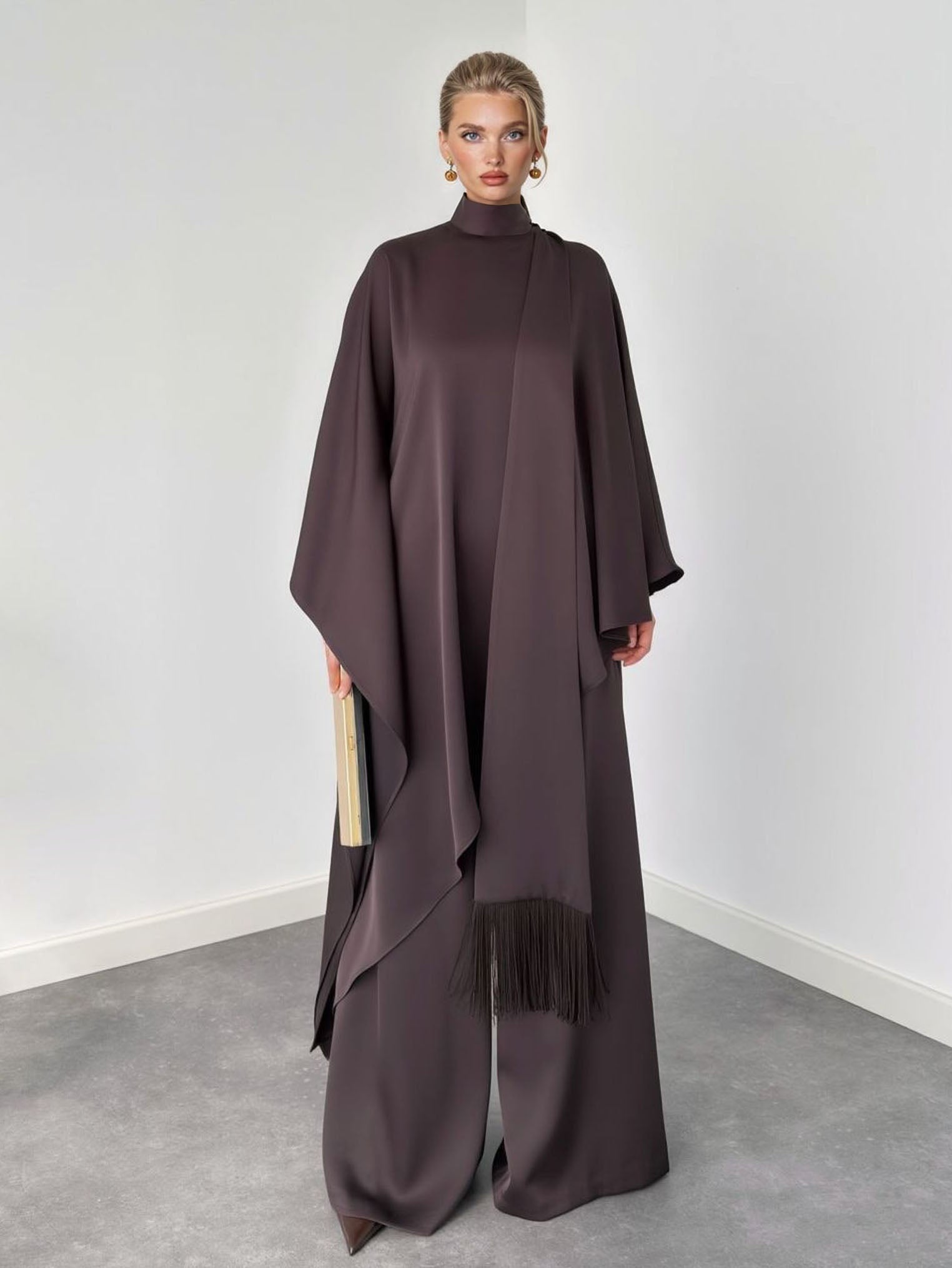 Elegant High-Neck Draped Top And Wide-Leg Pants Set Brown
