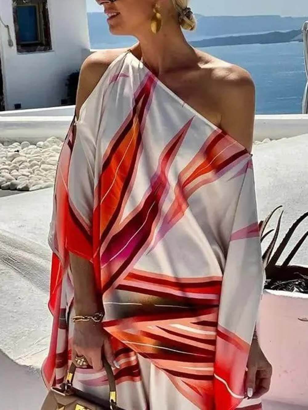Exquisite One-Shoulder Printed Asymmetric Loose Shirt Red