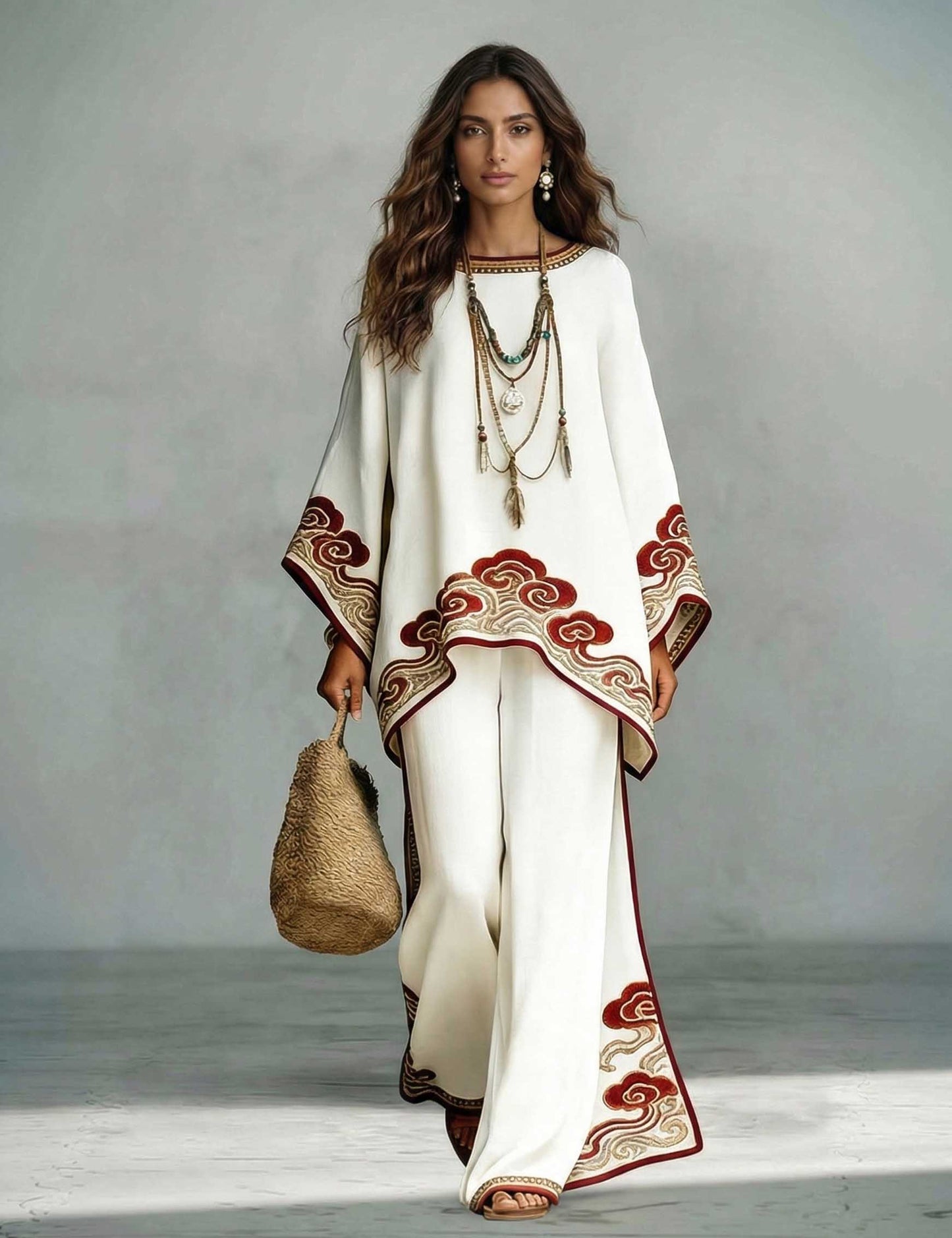 Elegant Satin Cloud Print Loose Kaftan Top & Pants Two-Piece Set Cream Set
