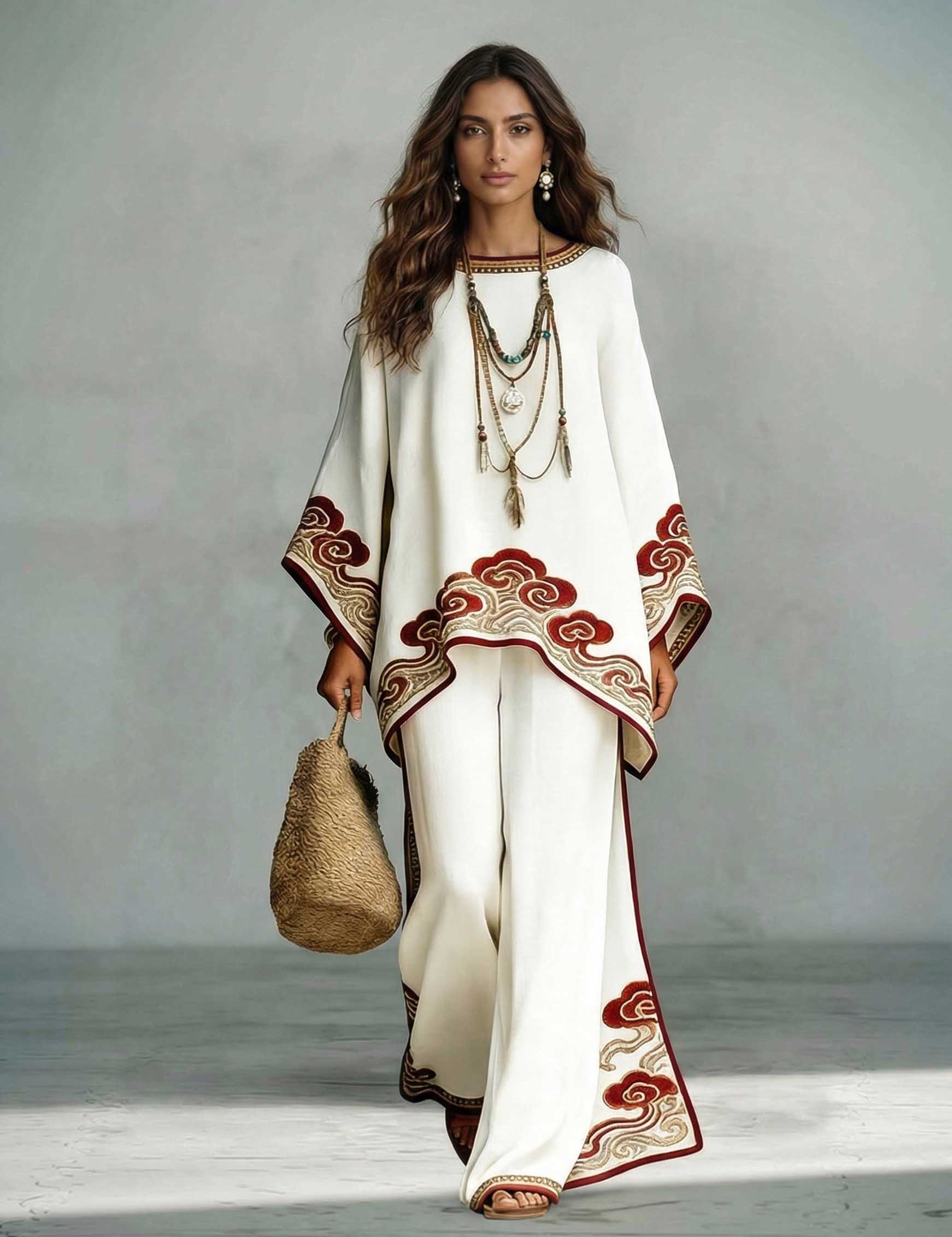 Elegant Satin Cloud Print Loose Kaftan Top & Pants Two-Piece Set Cream Set