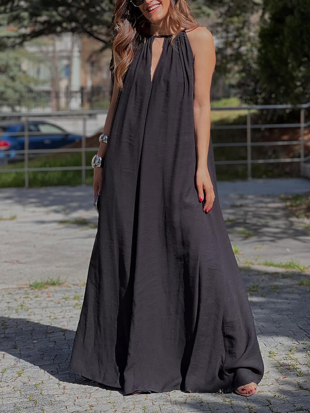 Elegant Off-Shoulder V-Neck A-Line Maxi Dress Black