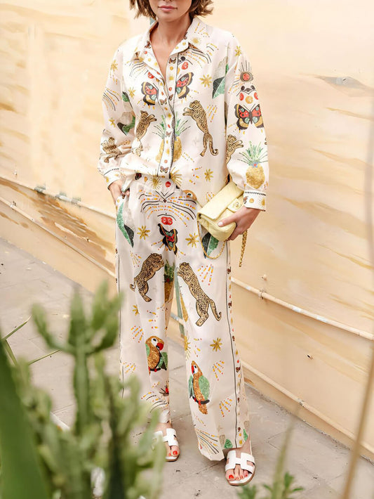 Fashionable Tiger Print Linen Loose Button-Up Shirt