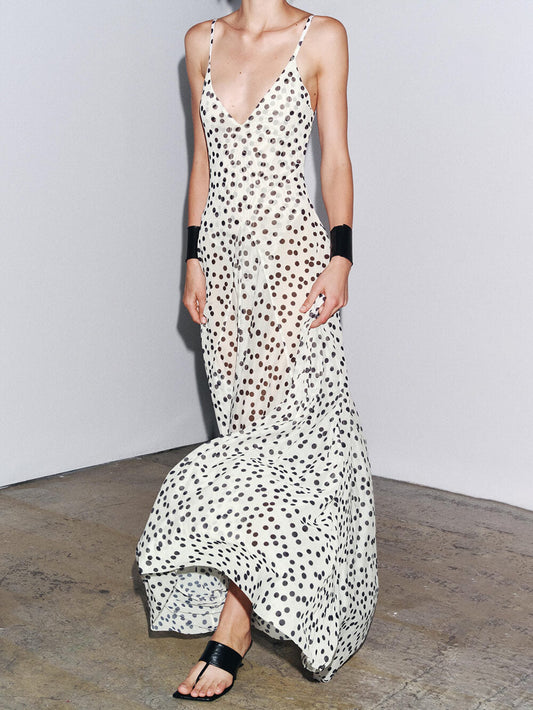 Elegant Polka Dot Print V-Neck Spaghetti Strap Flounce Hem Maxi Dress