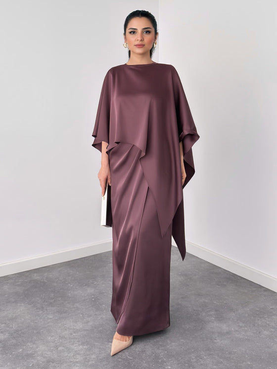 Elegant Satin Cape Sleeve Top & Maxi Skirt Two-Piece Set Brown