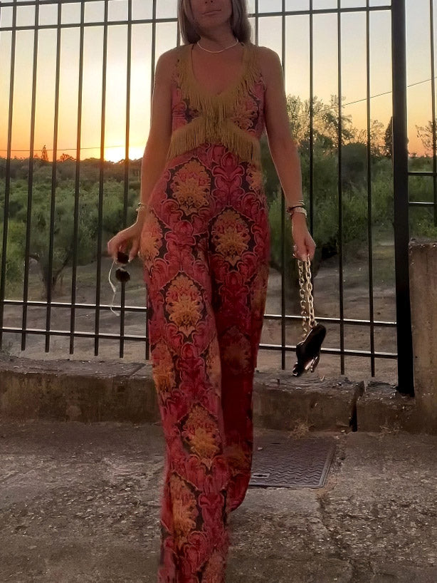 Retro Bohemian Print Tassel Jumpsuit Multi