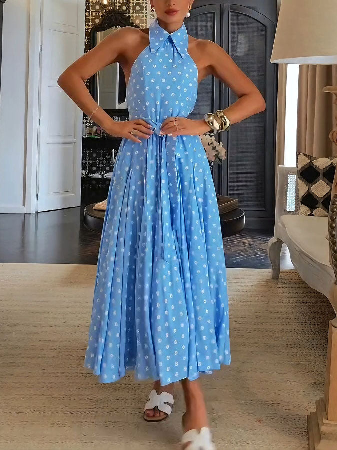 Elegant Polka Dot Print Open Back Puffy Maxi Dress Blue
