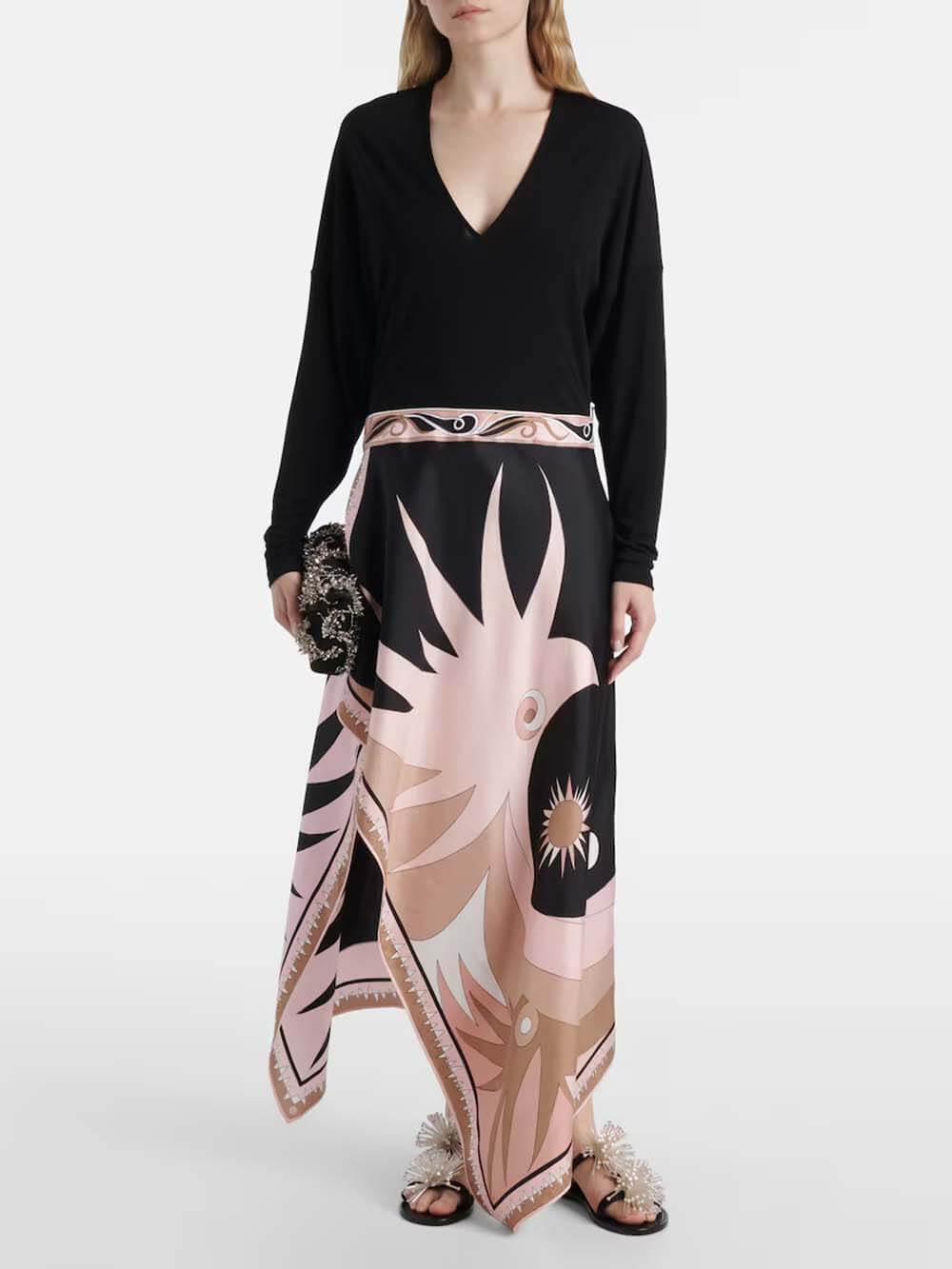 Asymmetrical Colorblock Patchwork Print Maxi Dress Black