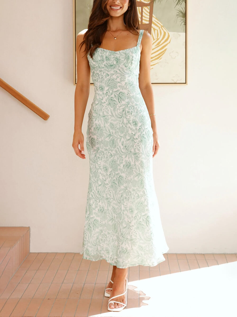 Sophisticated Floral Print Open Back Pleated Midi Dress Green