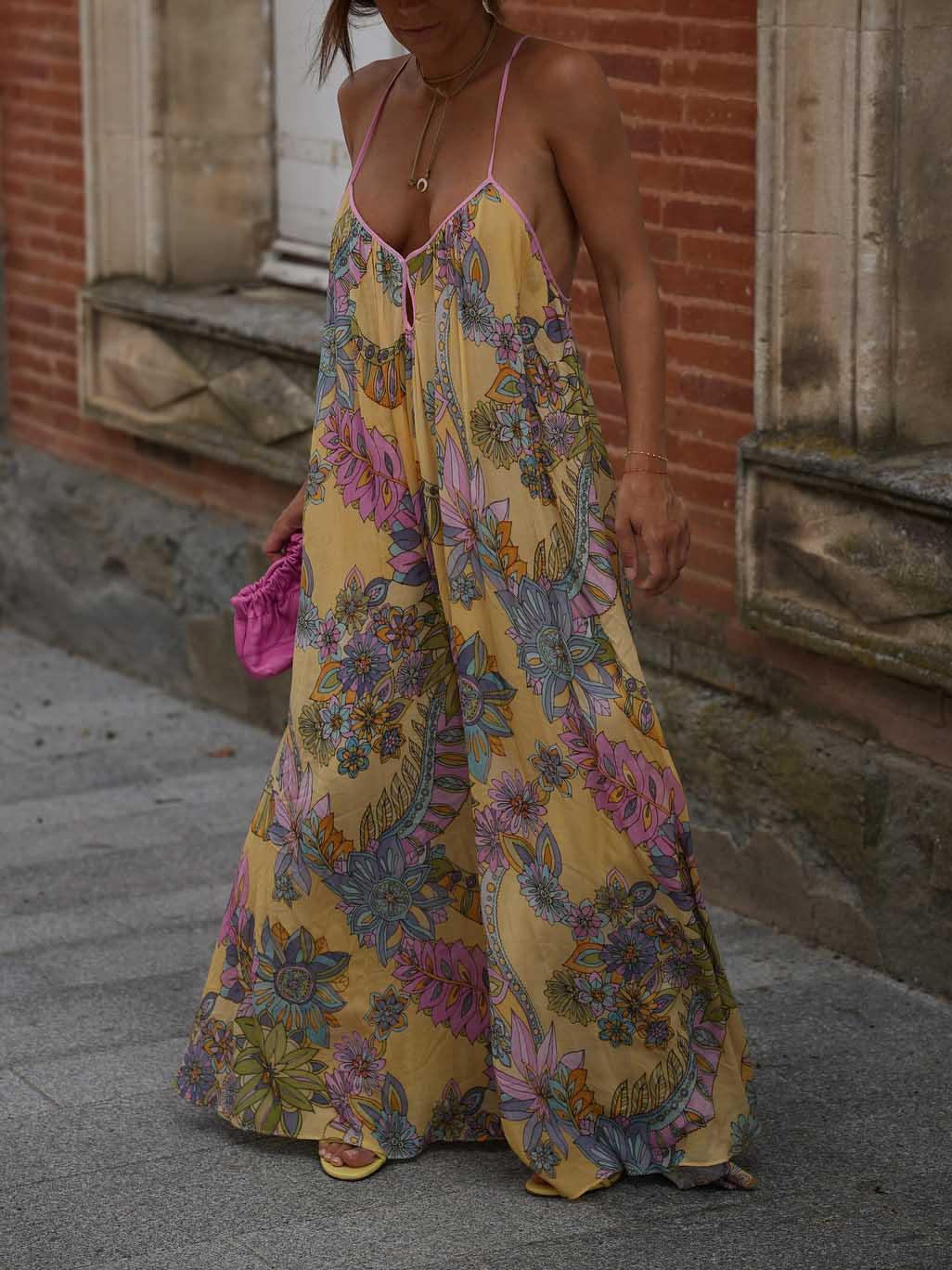 Exquisite Bohemian Print Chiffon Flowy Maxi Dress Yellow