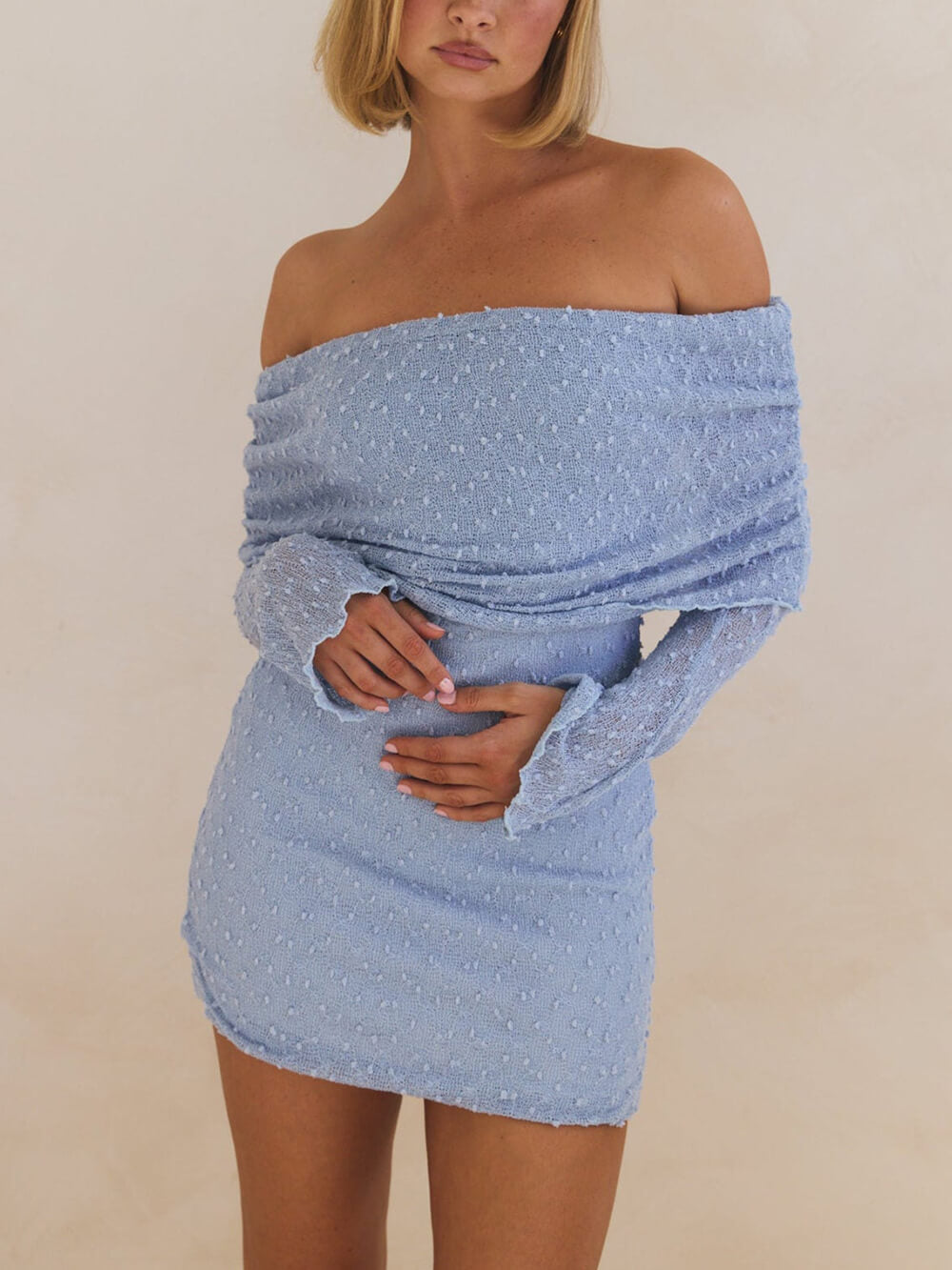 Summer Boucle Knit Off-The-Shoulder Neckline Prom Mini Dress Blue