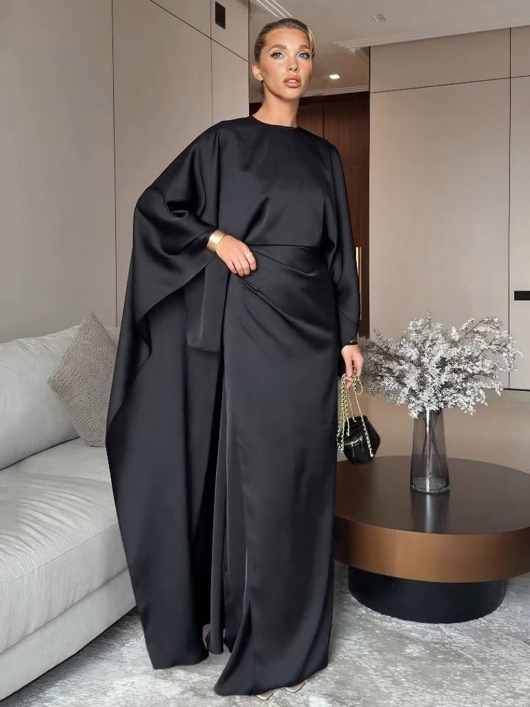 Elegant Satin Pleated Batwing Sleeve Maxi Dress Black