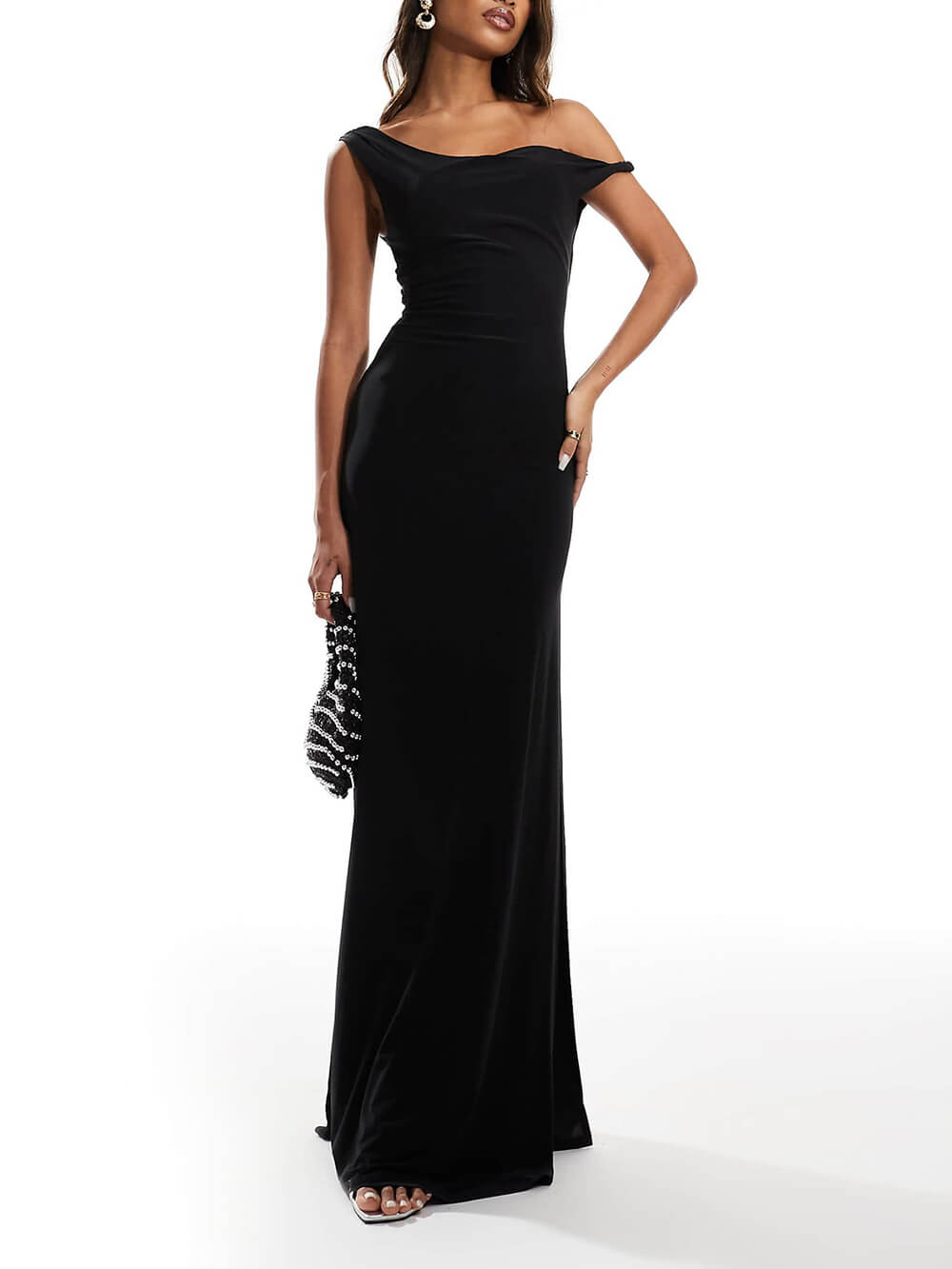 Elegant Off-Shoulder Twist Back Tie Maxi Dress Black
