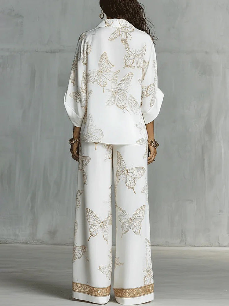 Elegant Butterfly Print Zip-Up Top & Wide Leg Pants Set