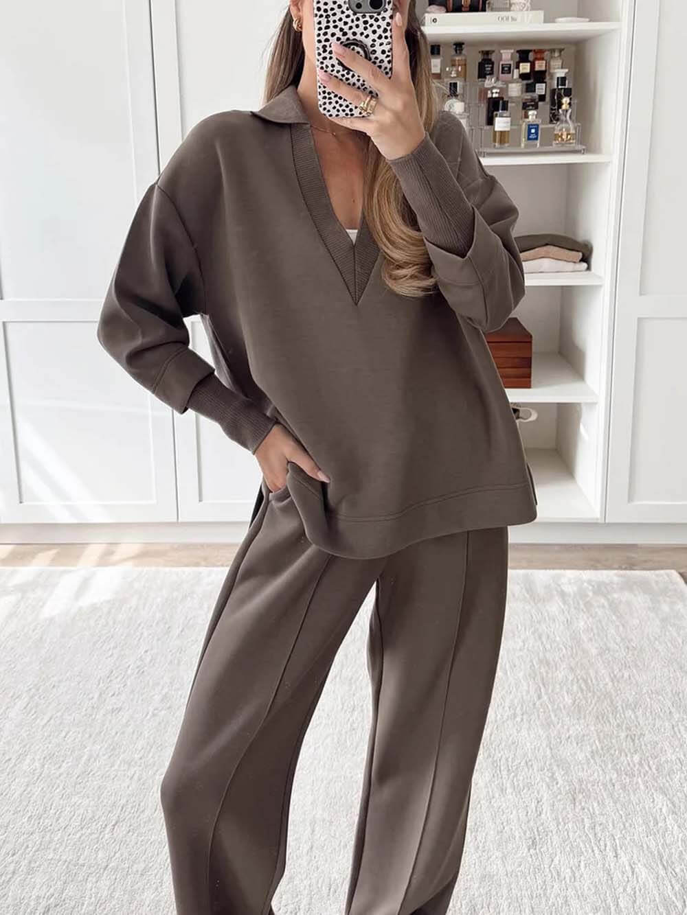 Casual Brown V-Neck Long-Sleeved Sweatshirt & Elastic Waist Pants Set Brown