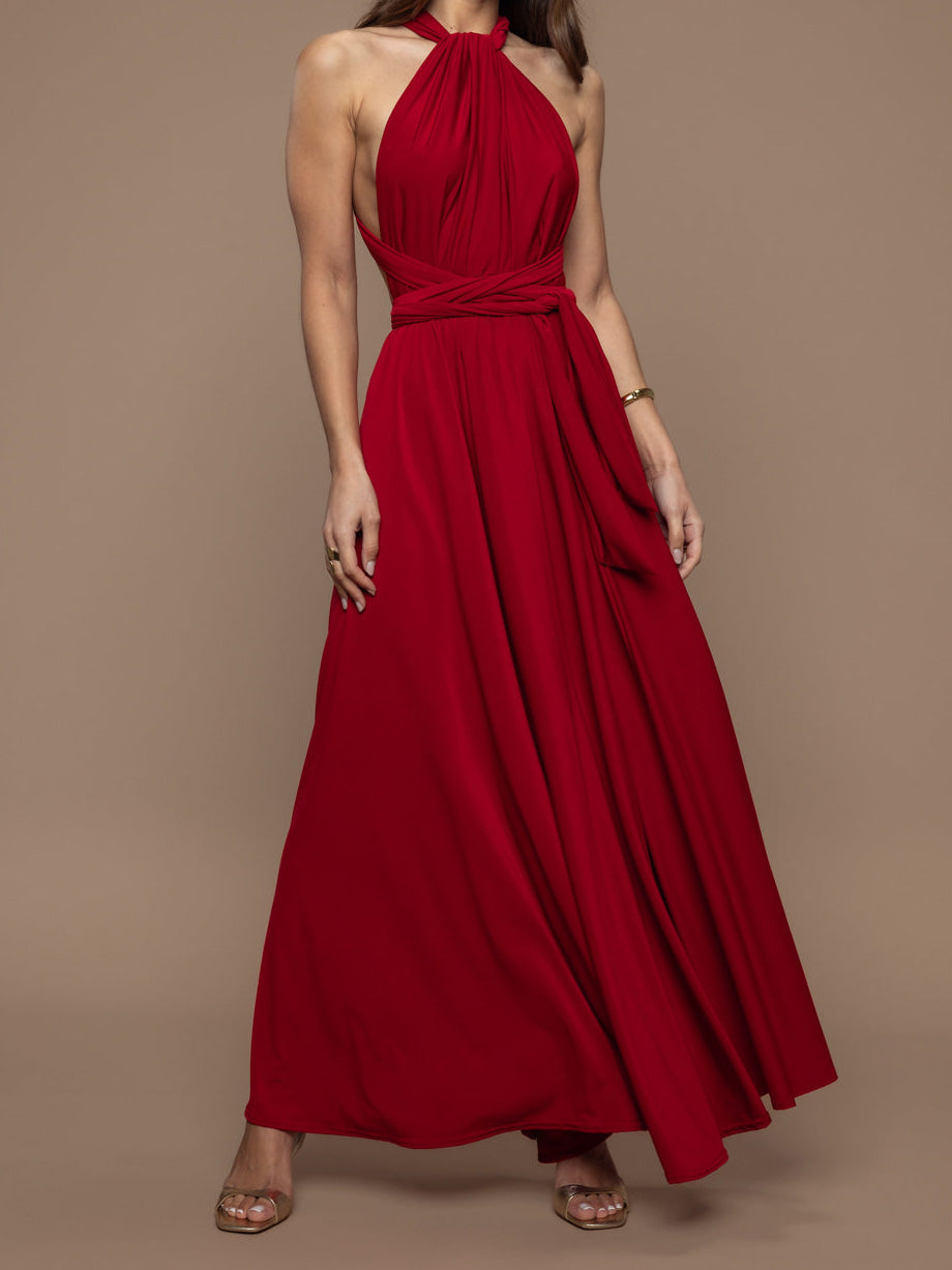 Elegant Halter Neck Draped Tie-Waist Maxi Dress