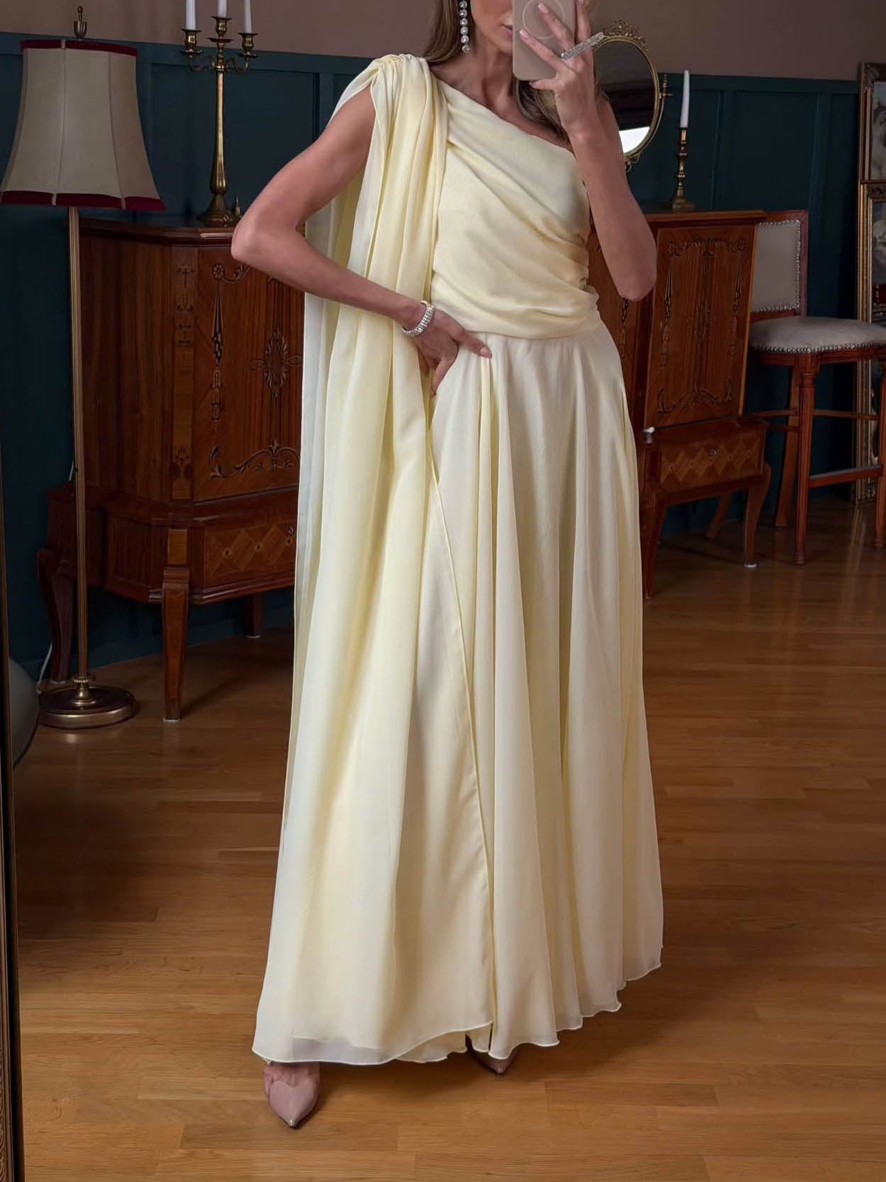 Elegant One-Shoulder Draped Chiffon Maxi Dress Yellow