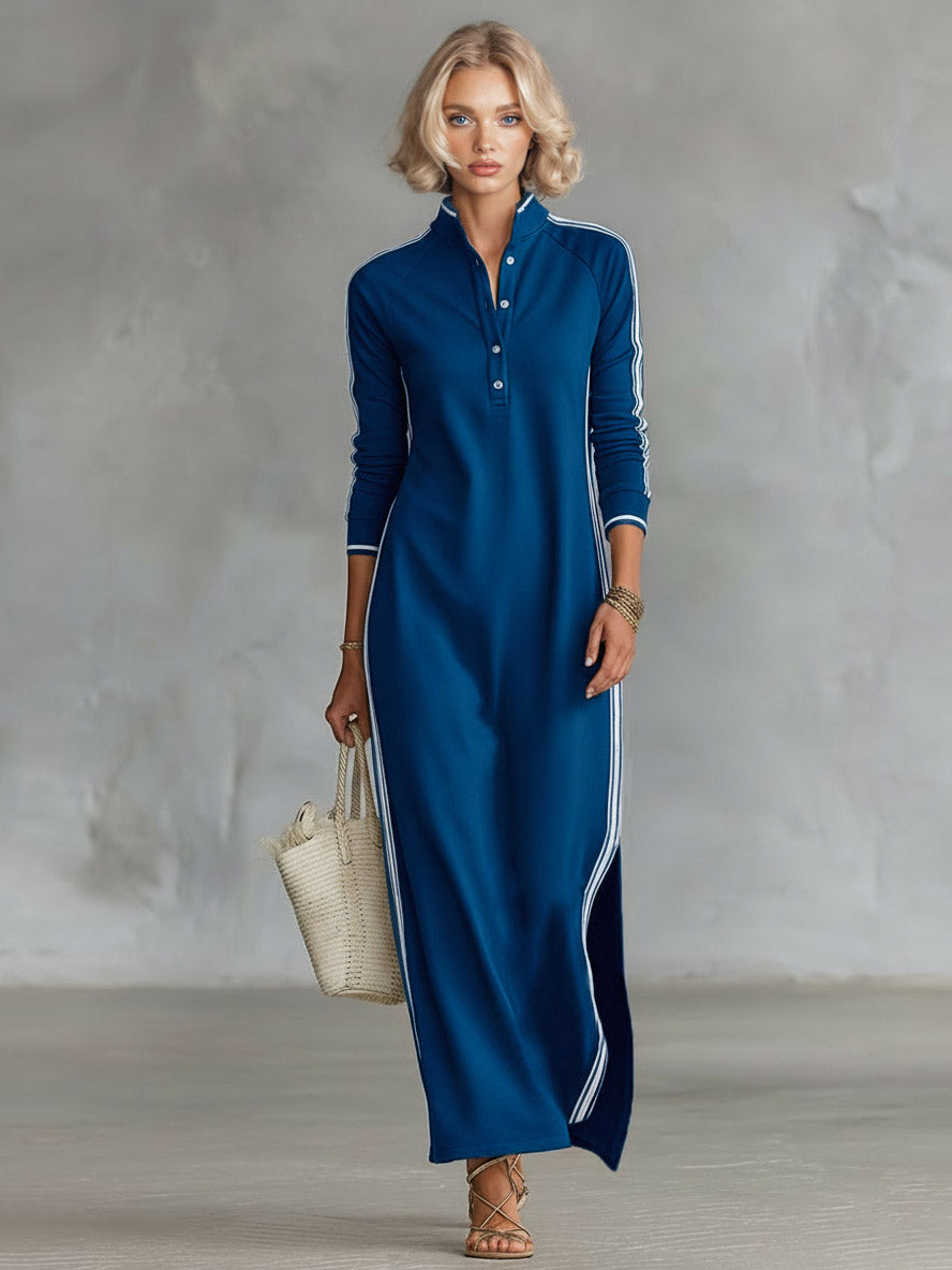 Sporty Chic Striped-Trim Maxi Dress Blue