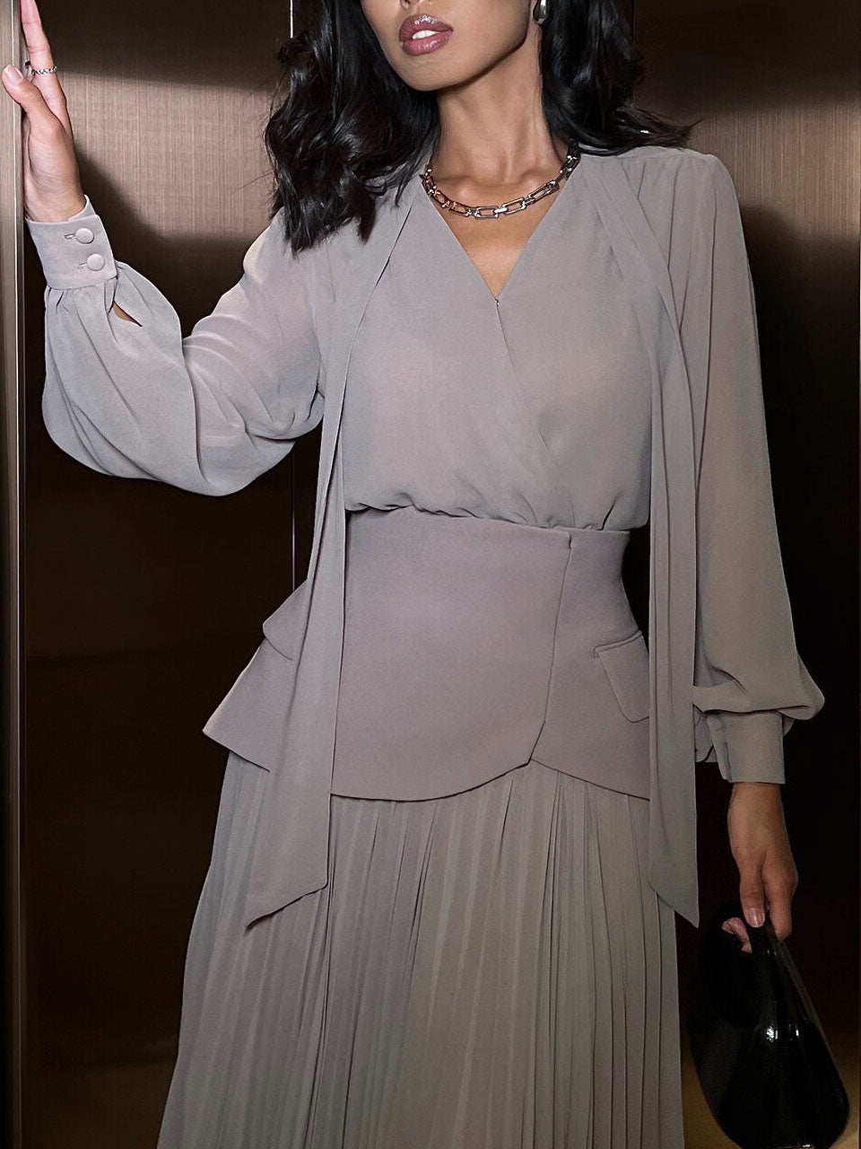 Elegant Tie-Neck Long-Sleeve Blouse Gray