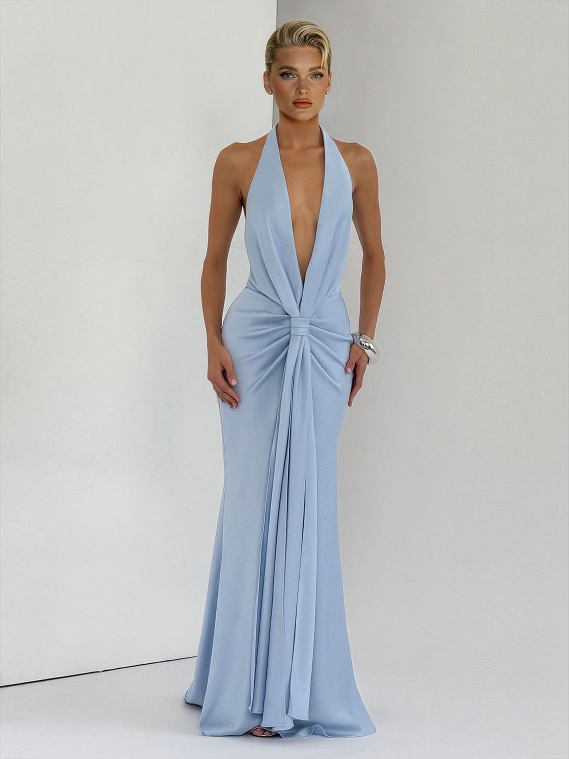 Elegant Backless Twist Front Satin Maxi Dress Blue