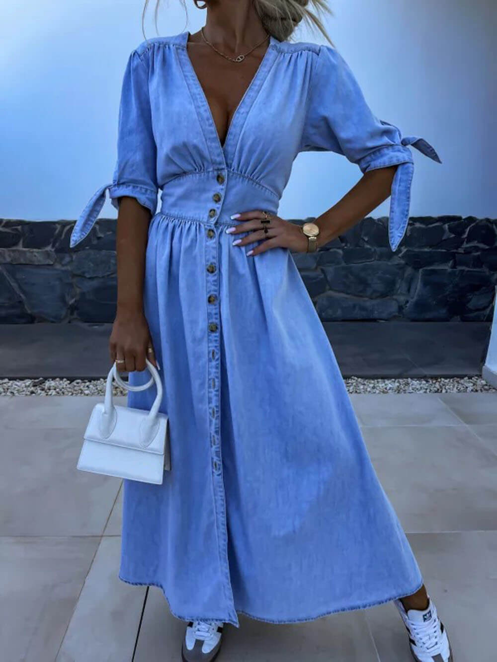 Unique Pleats Solid Color V-Neck Button-Down Denim Midi Dress Blue