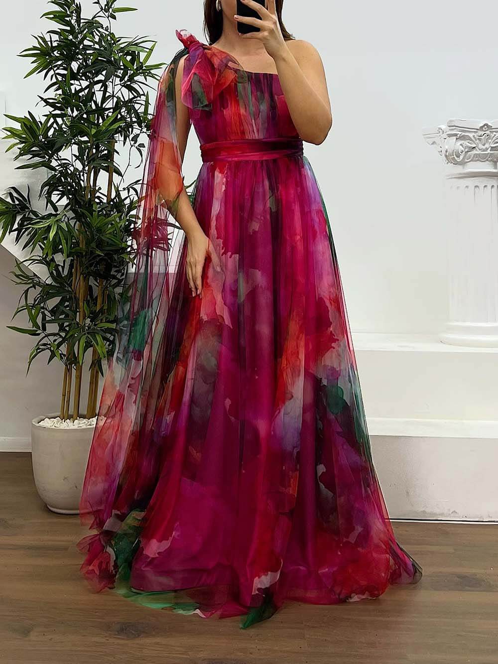 Elegant Printed One-Shoulder Chiffon Plus Size Tulle Evening Dress Red