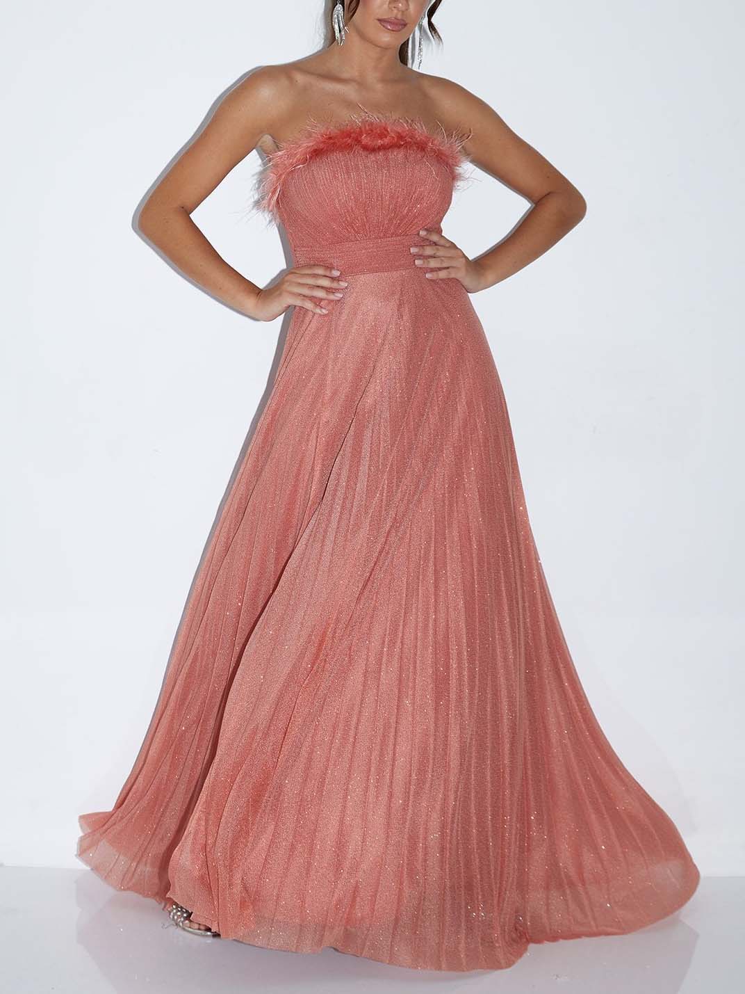 Elegant Feather Trim Shimmer Strapless Maxi Dress