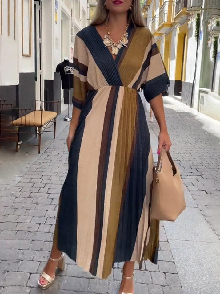 Elegant Irregular Stripe Print Pleated Maxi Dress Blue