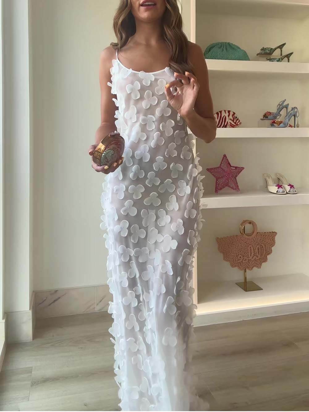 Delicate Floral Backless Chiffon Maxi Dress White