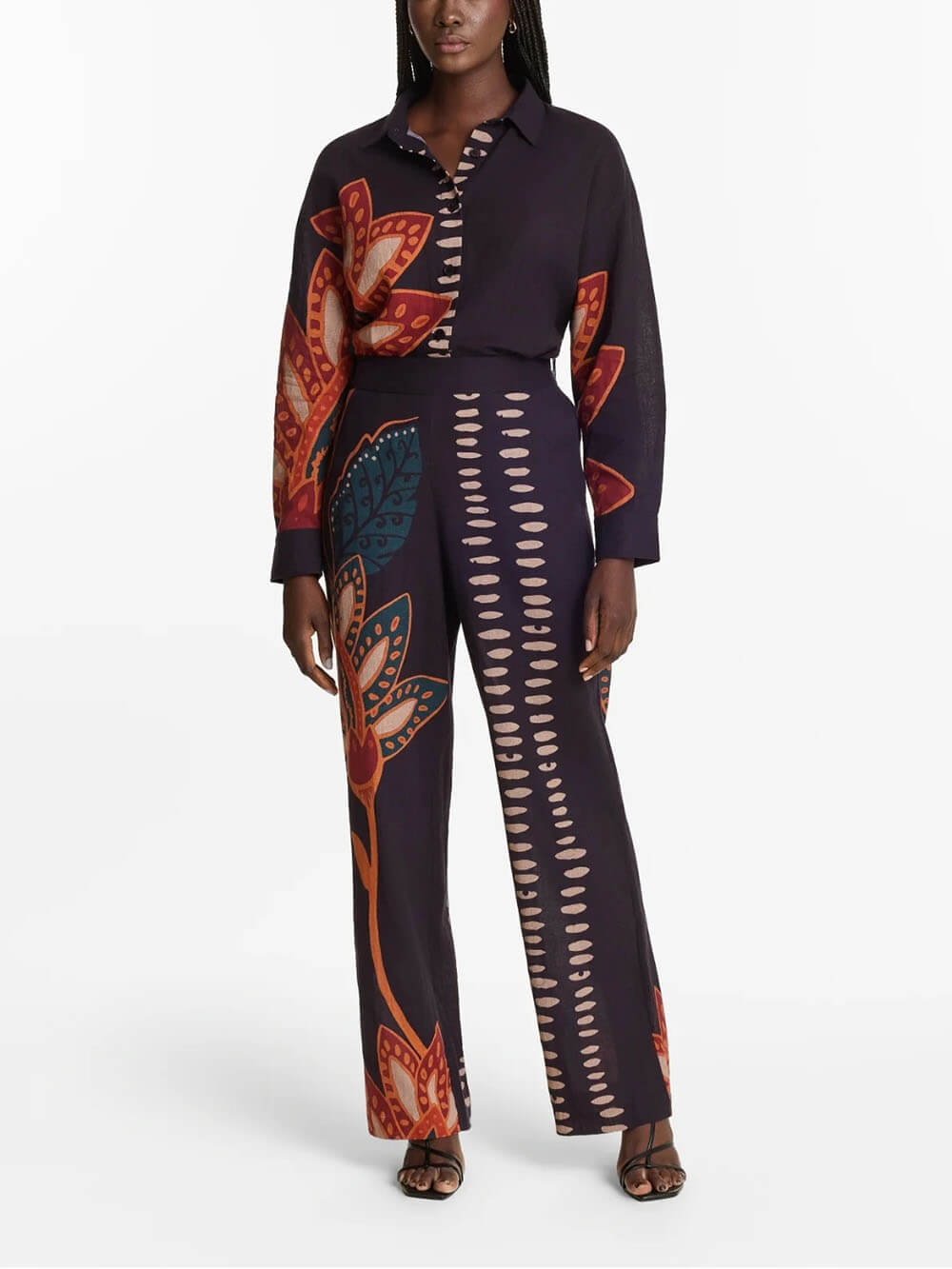 Exquisite Floral Print Linen Button-Up Top And Loose Pocket Pants Set