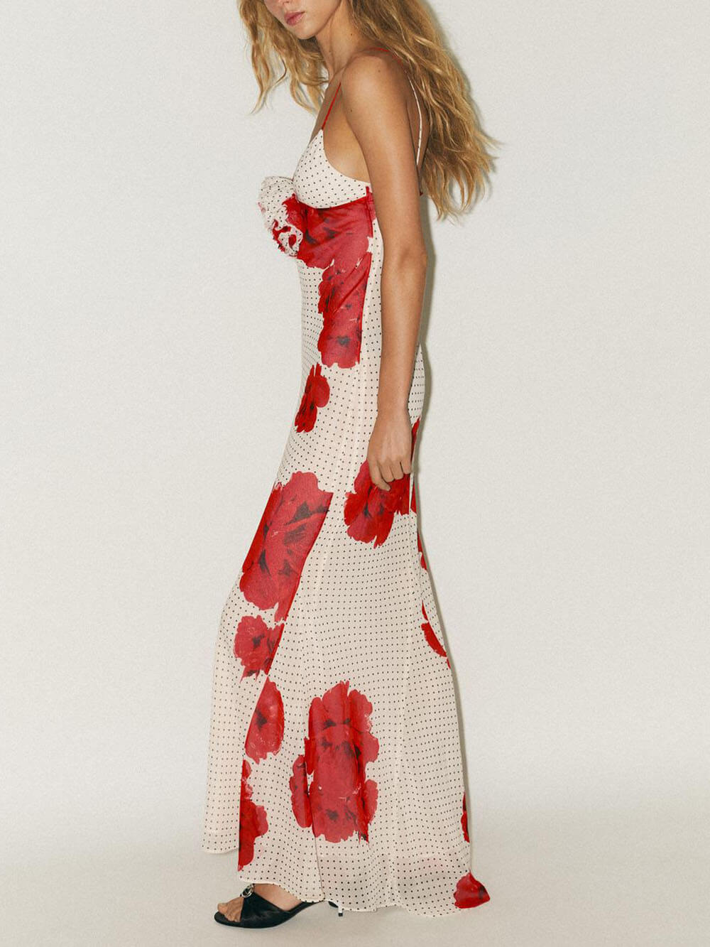 Elegant Poka Dot Floral Print Flower Detail Slip Maxi Dress