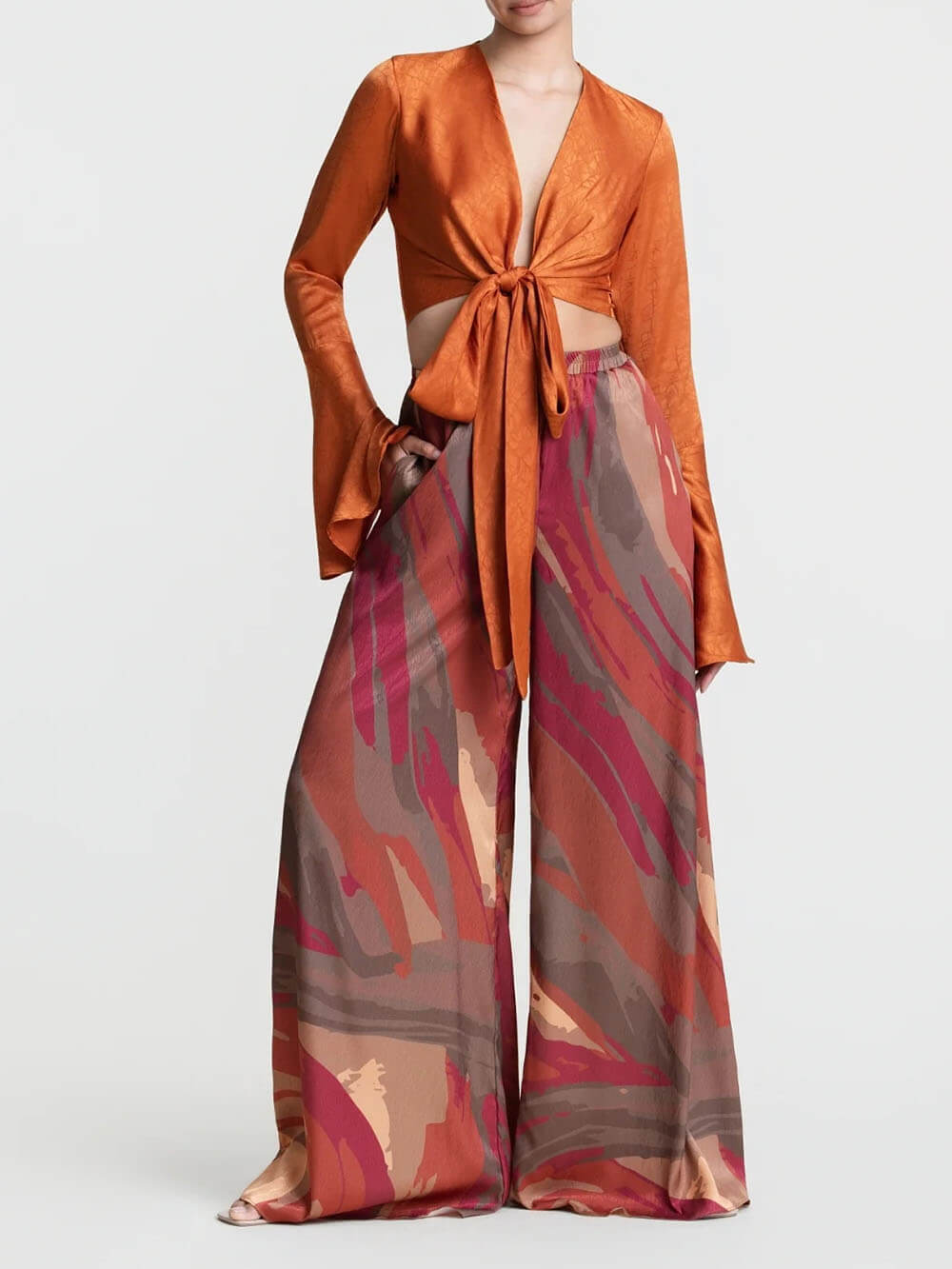 Casual Bell-Sleeve Tie-Up Top with Colorful Print High-Waisted Wide-Leg Pants Set