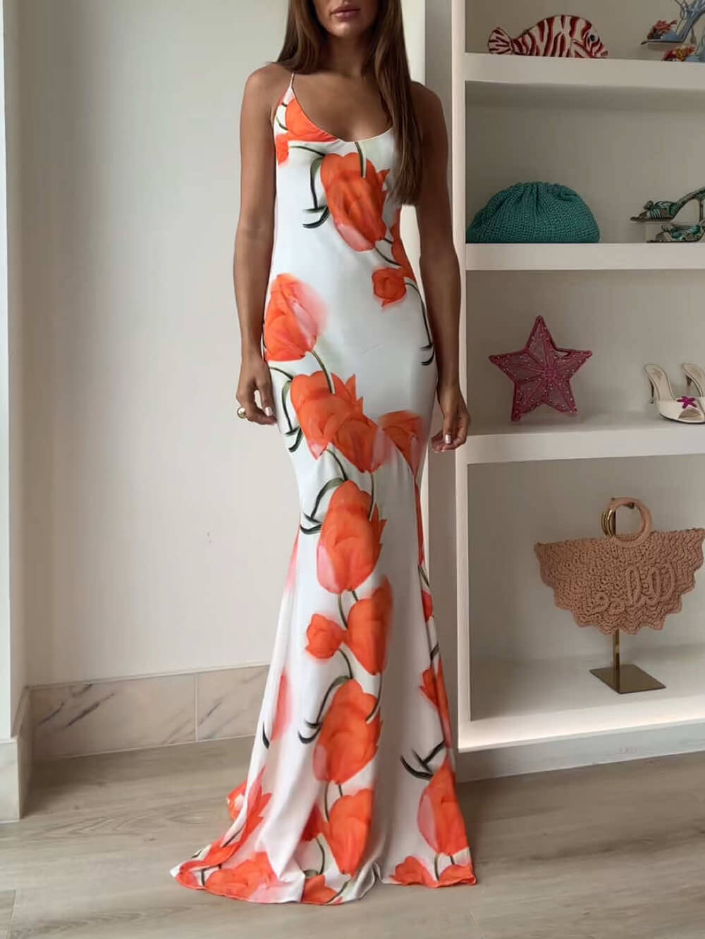 Exquisite Satin Open Back Floral Print Maxi Dress White