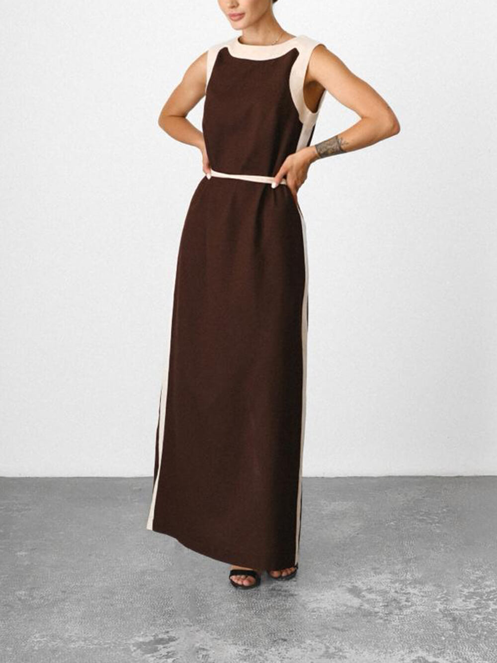 Unique Retro Colorblock Belted Linen Maxi Dress Chocolate