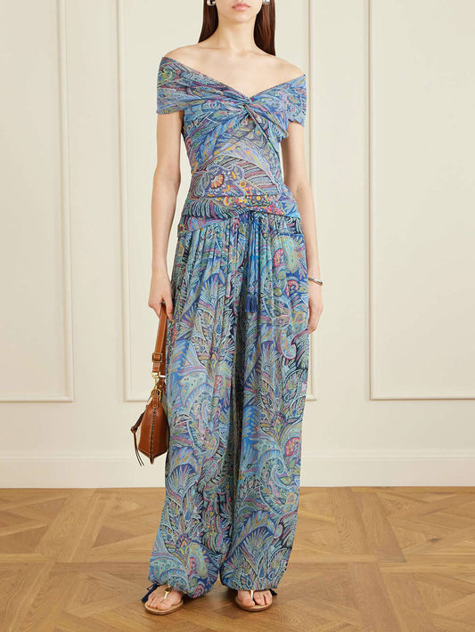 Exquisite Printed Off-Shoulder Mesh Top