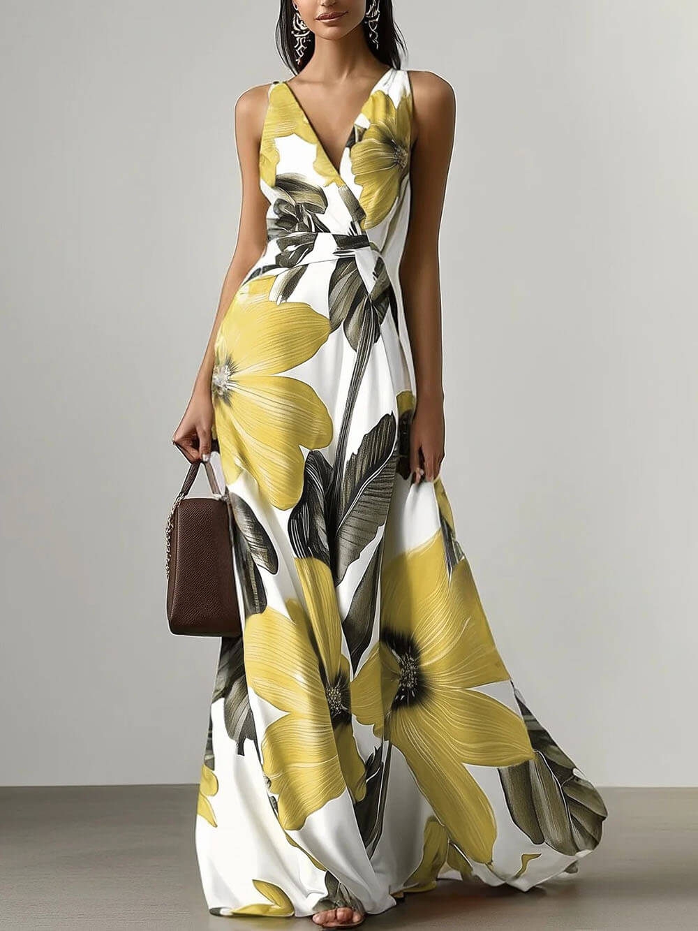 Elegant Floral Print Classic V Neck Sleeveless A-Line Maxi Dress Yellow